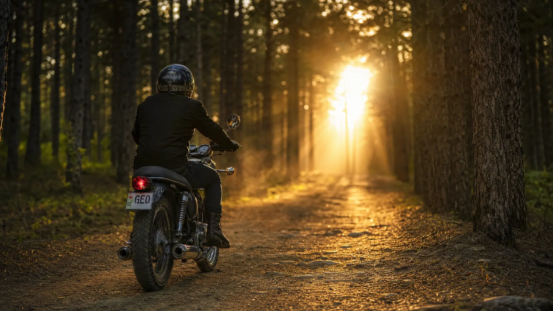 Cruiser op een bosweg bij ondergaande zon